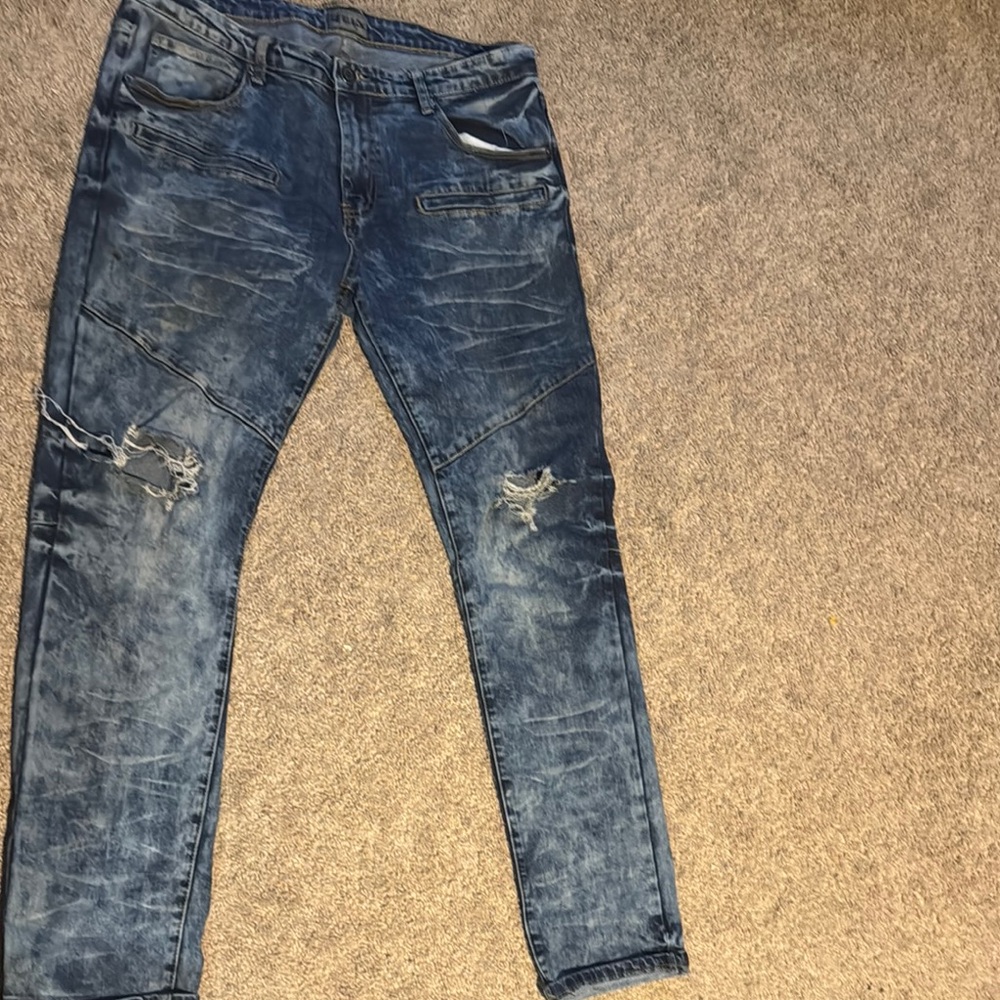 Black Blue Slim Jeans with Distressed Details